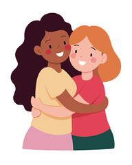 Two girls hugging and smiling for a friend's celebration. Illustration of people hugging together. Celebrating Happy Friendship Day