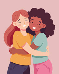 Obraz premium Two girls hugging and smiling for a friend's celebration. Illustration of people hugging together. Celebrating Happy Friendship Day