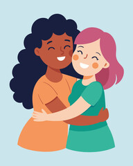 Two girls hugging and smiling for a friend's celebration. Illustration of people hugging together. Celebrating Happy Friendship Day
