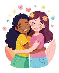 Two girls hugging and smiling for a friend's celebration. Illustration of people hugging together. Celebrating Happy Friendship Day