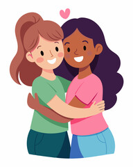 Two girls hugging and smiling for a friend's celebration. Illustration of people hugging together. Celebrating Happy Friendship Day