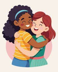 Two girls hugging and smiling for a friend's celebration. Illustration of people hugging together. Celebrating Happy Friendship Day
