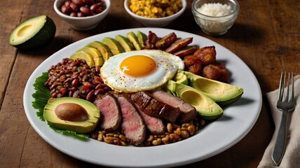 Colombian food. Bandeja paisa, typical dish at the Antioquia region of Colombia - chicharr&oacute;n (fried pork belly), black pudding, sausage, arepa, beans, avocado egg, and rice