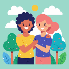 Fototapeta premium Vector illustration of two friends celebrating Friendship Day on July 30th. Two smiling people with their hands clasped together, surrounded by natural elements like trees and clouds 