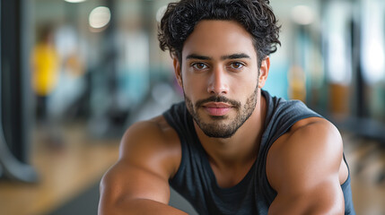 A young man with a determined look, wearing a tank top, sits in a gym.  He is taking a break from his workout.