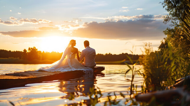 Wedding photographer in action taking a picture of the bride and groom sitting on the raft Summer sunset : Generative AI