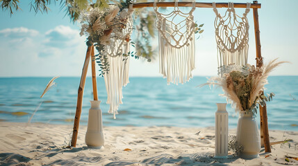 Handmade macrame arch on the sandy beach nearby 3 vases with dried herbs and flowers Sunny summer day Wedding concept Selective focus : Generative AI