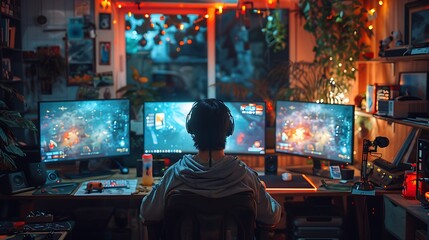 Obraz premium A detailed and realistic image of a gamer engaged in a marathon gaming session, surrounded by a messy room with energy drinks, snacks, and game-related paraphernalia.