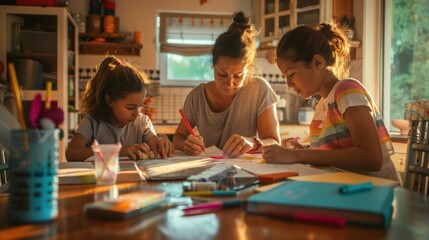 Fototapeta premium LGBTQ parents helping their child with homework at the kitchen table, surrounded by books and school supplies, creating a supportive atmosphere