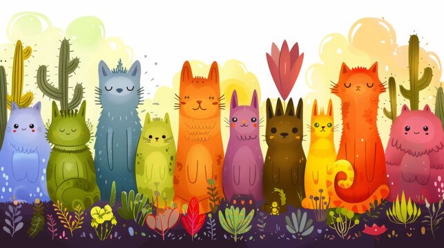 Halloween background with pumpkins, bats, cats, dogs, and cute cartoon animals in a natural, playful design, perfect for cards and birthdays