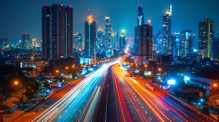 Fototapeta premium A long exposure photo of High speed urban traffic on a modern city highway , rush hour traffic and car headlights and busy night transport captured by motion blur lighting effect 