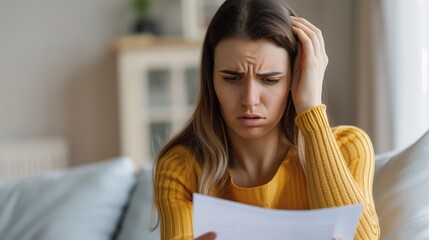 Very concerned young woman looking at a letter (could be a final payment bill, lay off news or bad news in general) sitting at her home living room couch