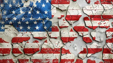 Fototapeta premium Weathered American Flag Painted on Cracked and Distressed Wall Surface
