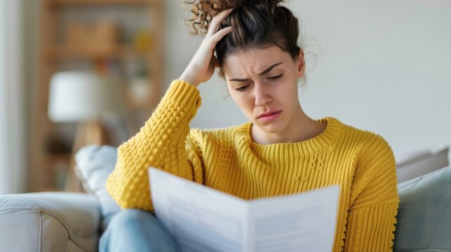 Very concerned young woman looking at a letter (could be a final payment bill, lay off news or bad news in general) sitting at her home living room couch