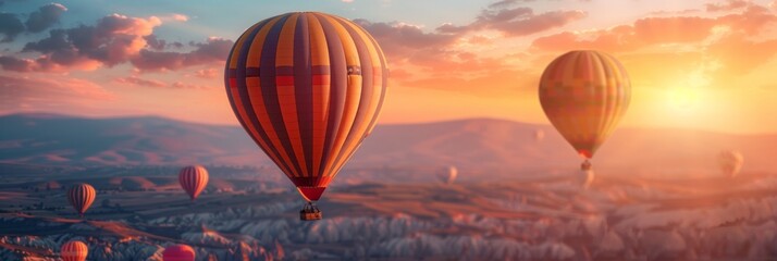 A close-up of a hot air balloon rising against a colorful sunrise, with other balloons in the distance. AI Generative.