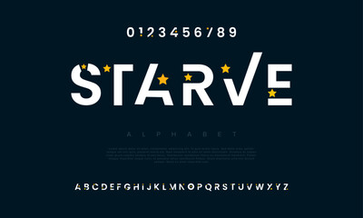 Starve creative geometric modern urban alphabet font. Digital abstract futuristic, fashion, sport, minimal technology typography. Simple numeric vector illustration