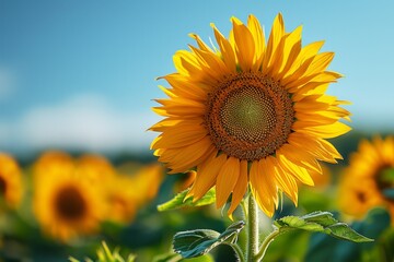 A sunflower in full bloom, with its bright yellow petals and large, dark center, set against a clear blue sky. AI Generative.