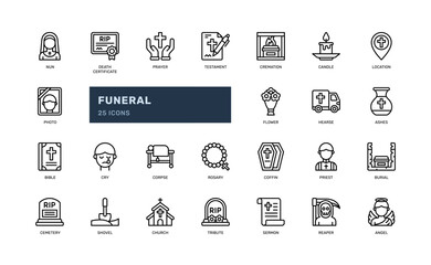 funeral burial dead christian religion outline line icon set