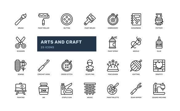 arts and craft handcraft design outline line icon set