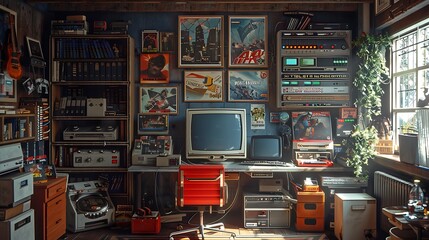 A highly detailed and realistic image of a retro gaming setup, featuring a CRT television, classic consoles, and game cartridges.