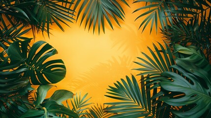 Obraz premium Rich green palm leaves forming a natural frame around a bright yellow background, capturing the lush essence of tropical scenery in high detail