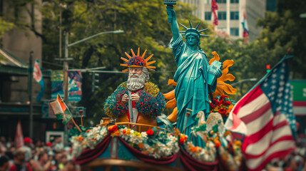 Obraz premium A decorated float in a parade featuring the Statue of Liberty and Uncle Sam, US Independence Day, symbols, hd, colorful with copy space