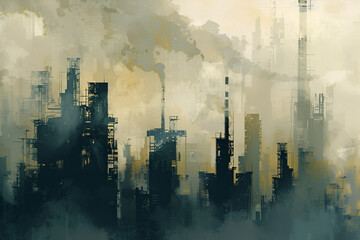 Industrial Skyline with Dense Smoke and Pollution