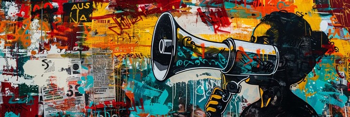 Vibrant collage art with loudspeaker and cityscape. Photomontage of street view, colorful abstracts,
