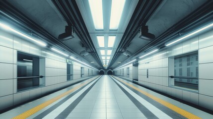 Underground subway platform, high-tech air conditioner in view, artistic hanging wall panels, clean and futuristic setting