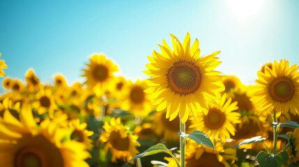 Naklejka premium Vast field of sunflowers in full bloom, vibrant yellow petals facing the camera under a clear blue sky, panoramic view, capturing the essence of summer