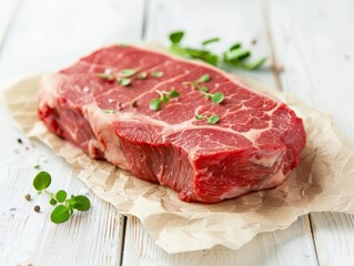 Fototapeta premium Strip loin steak resting on white wood, rustic atmosphere, natural light, detailed texture, emphasizing freshness