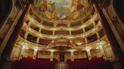 Obraz premium Stunning architectural details of an opera house, featuring intricate frescoes on the ceiling, ornate balconies, and plush red carpets, radiating elegance