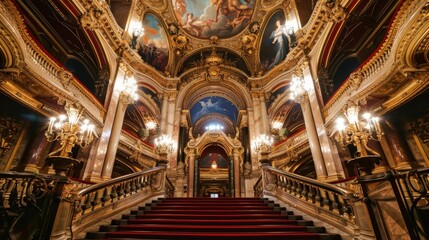 Obraz premium Stunning architectural details of an opera house, featuring intricate frescoes on the ceiling, ornate balconies, and plush red carpets, radiating elegance