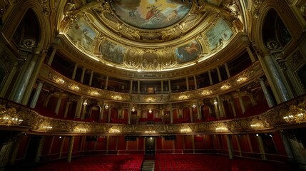 Obraz premium Stunning architectural details of an opera house, featuring intricate frescoes on the ceiling, ornate balconies, and plush red carpets, radiating elegance