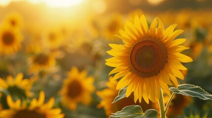 Sunflower field at sunrise, flowers in full bloom facing the camera, bathed in the soft morning light, creating a serene and peaceful image