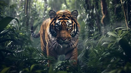 Majestic Tiger Prowling Through Dense Jungle Showcasing its Power and Stealth