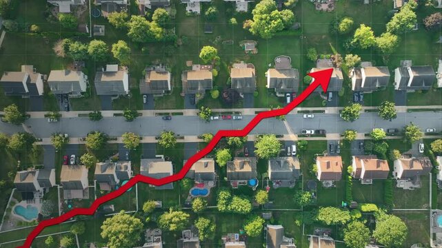 Animated red trend line. Rising housing market, home prices in America. Aerial view of a suburban neighborhood with single-family homes, green lawns. Top down truck shot.
