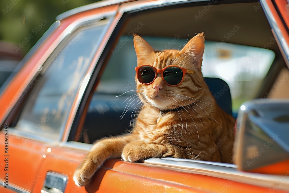 Wall mural cool cat wearing sunglasses and sitting in a car.