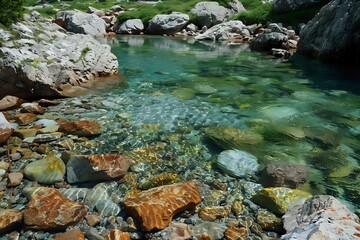 Tranquil mountain river with crystal clear water and smooth rocks.