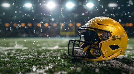 Fototapeta premium Yellow football helmet on field, dark background, dynamic stadium lights, intense game atmosphere