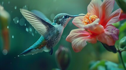 Fototapeta premium Vibrant Hummingbird Hovering Near Blooming Tropical Flower in Lush Garden