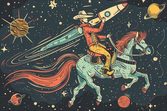 Cartoon cute doodles of a cowboy riding a rocket-powered horse across the galaxy, Generative AI