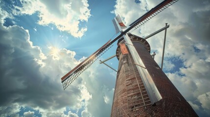 A large brick windmill tower with a red roof and a white cross on the top. Generate AI image
