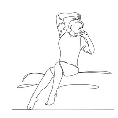One continuous line drawing on a white isolated background. Linear illustration of minimalism. Good morning. the girl woke up and stretched. the woman woke up.