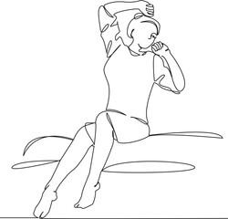 One continuous line drawing on a white isolated background. Linear illustration of minimalism. Good morning. the girl woke up and stretched. the woman woke up.