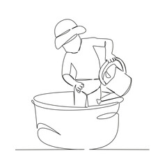 One continuous line drawing on a white isolated background. Linear illustration of minimalism. the child bathes in a basin. the child waters with a watering can. fun game with water.
