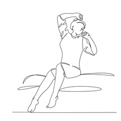 One continuous line drawing on a white isolated background. Linear illustration of minimalism. Good morning. the girl woke up and stretched. the woman woke up.