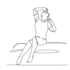 One continuous line drawing on a white isolated background. Linear illustration of minimalism. Good morning. the girl woke up and stretched. the woman woke up.