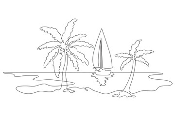 One continuous line drawing on a white isolated background. Minimalism linear illustration.Sailing yacht on a tropical island. Island coast in the ocean. Palm trees on the paradise shore.