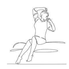 One continuous line drawing on a white isolated background. Linear illustration of minimalism. Good morning. the girl woke up and stretched. the woman woke up.